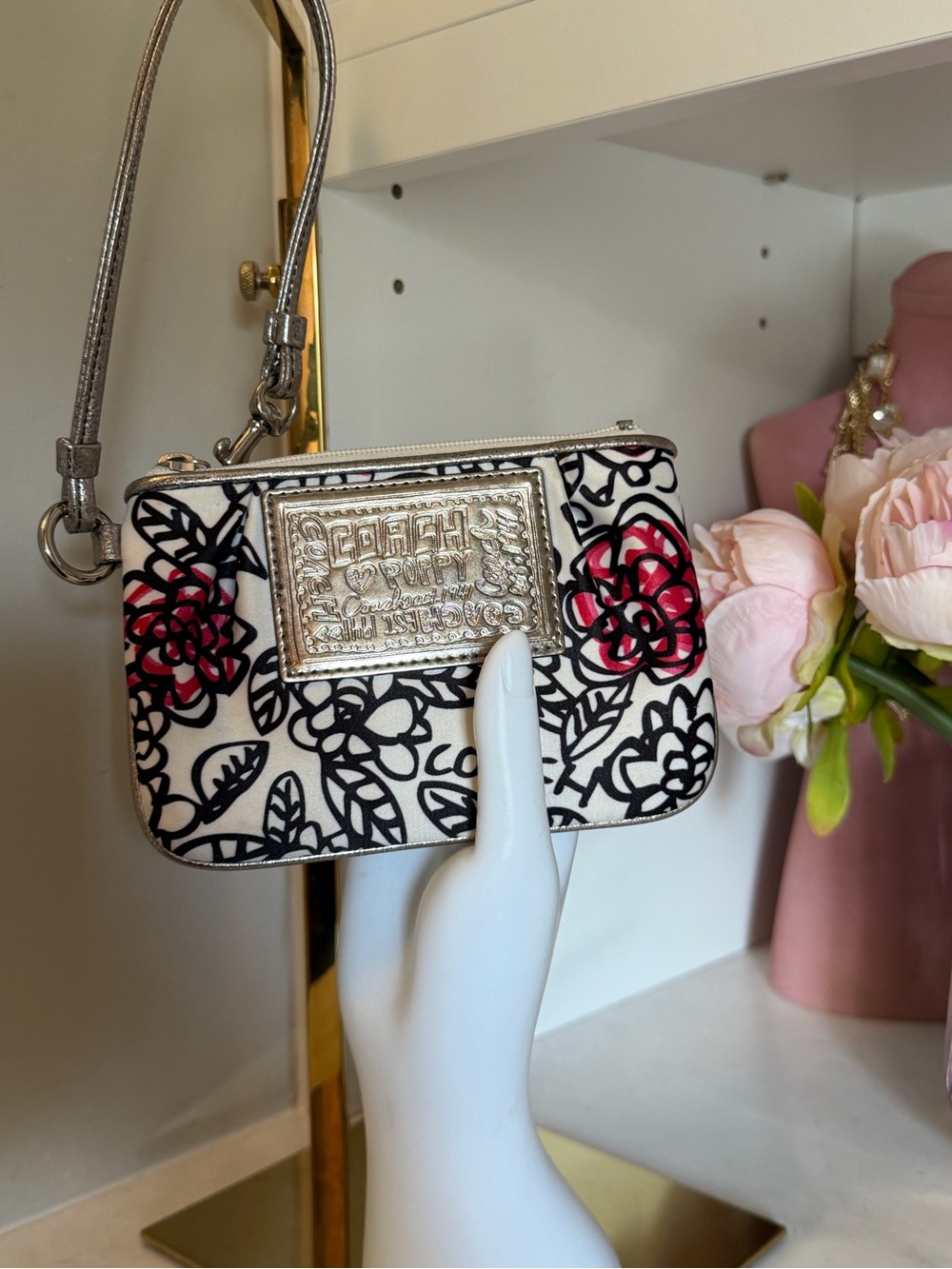 Coach Black & White Floral Wristlet with Pink Rose Accents